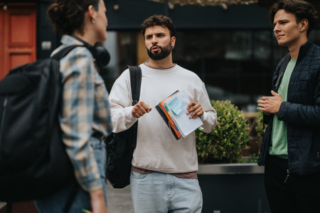 Group of students discussing exam results outdoors at collegeの写真素材