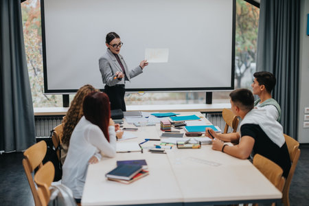 Teacher giving presentation to attentive students in modern classroom