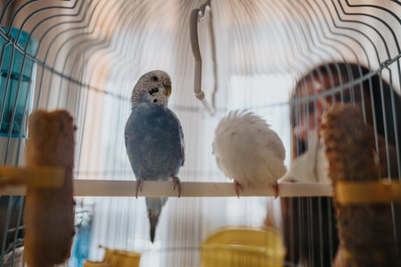 Two budgies perched in a cage with blurred background