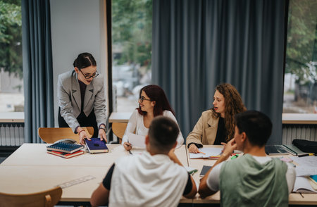 Teacher guiding students during a collaborative group study sessionの写真素材