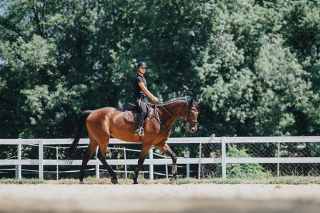 Woman riding horse in outdoor arena, showcasing equestrian skill and leisure activityの写真素材