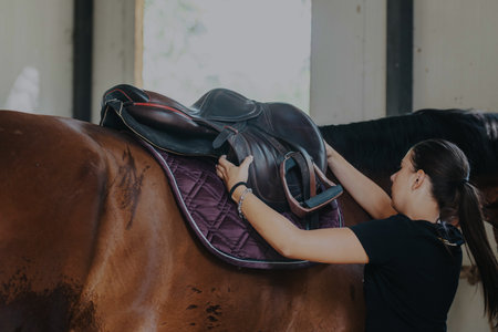 Young woman saddling a horse in a stable settingの写真素材