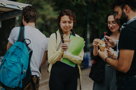 Multicultural students enjoying ice cream during a break in the parkの写真素材