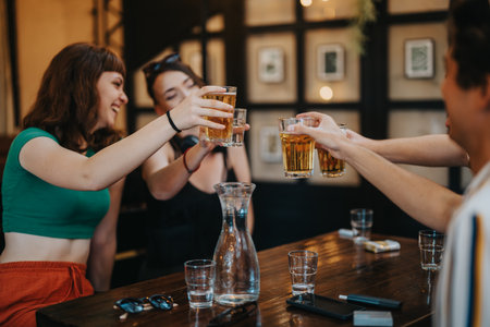 Friends celebrating with drinks in a cozy bar settingの写真素材