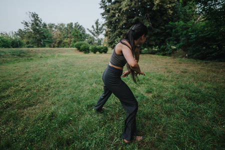 A girl is gracefully dancing in a lush green park, expressing joy and freedom in an outdoor setting, surrounded by nature and tranquility.の写真素材