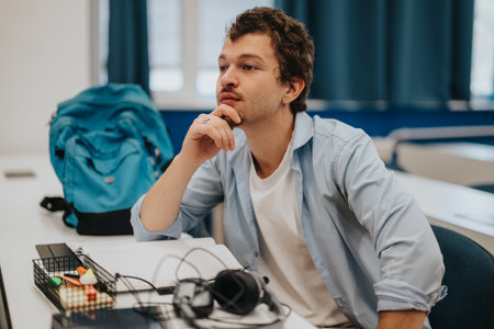 Thoughtful student sitting in classroom during a lecture sessionの写真素材