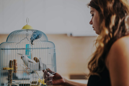 Young woman interacting with her pet parakeet inside a cozy home setting, reflecting the bond between humans and petsの写真素材