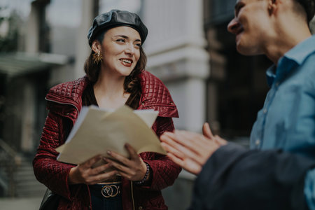Smiling woman with documents in city conversation with colleagueの写真素材