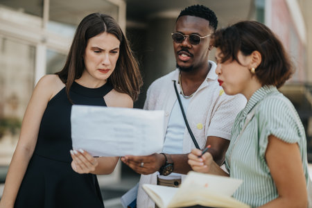 Multicultural startup business team in an outdoor meeting in an urban city areaの写真素材