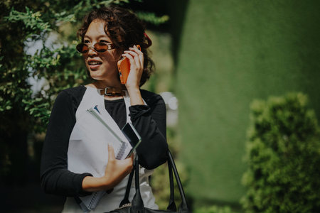 Young businesswoman talking on phone in outdoor setting with documents