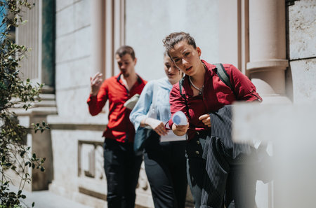 Young people holding documents and meeting outdoors on a sunny dayの写真素材