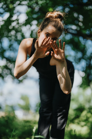 Young woman performing modern dance on a sunny day in an urban park environmentの写真素材