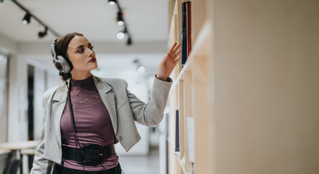 Young professional woman choosing books in modern library settingの写真素材