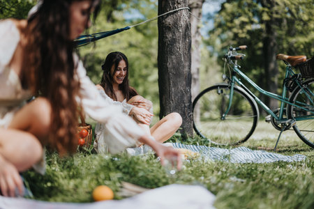 Sisters enjoying a leisurely picnic in the park with a vintage bicycle nearbyの写真素材