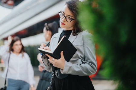 Businesswoman taking notes in a notebook during an outdoor business meetingの写真素材