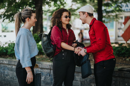 Young business associates meeting and greeting outdoors in a park settingの写真素材