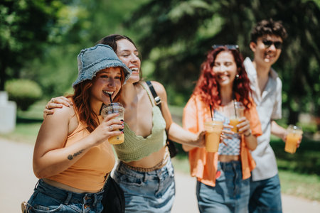 Young friends enjoying a sunny day in the park with refreshing drinksの写真素材