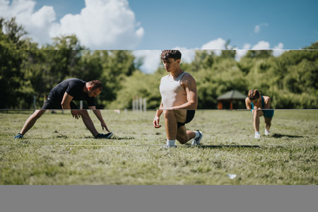 Group of people stretching during an outdoor fitness session on a sunny dayの写真素材