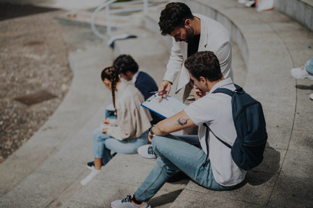 High school students solving tasks with guidance from professor outdoors