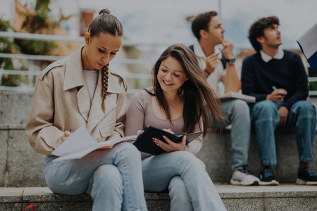 Students studying together outdoors in the city post classの写真素材