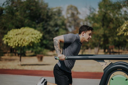 Young man exercising on outdoor gym equipment in a sunny park