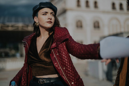 Confident woman in stylish outfit standing in urban settingの写真素材