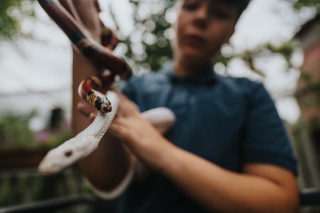 Girl playing with colorful snakes in a garden setting