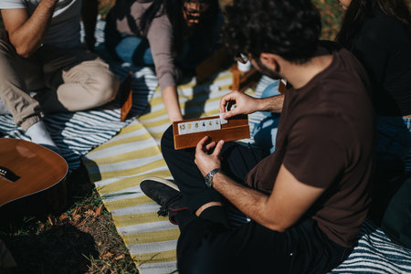 Friends enjoying a casual outdoor board game together on a sunny day, relaxing on a picnic blanket...