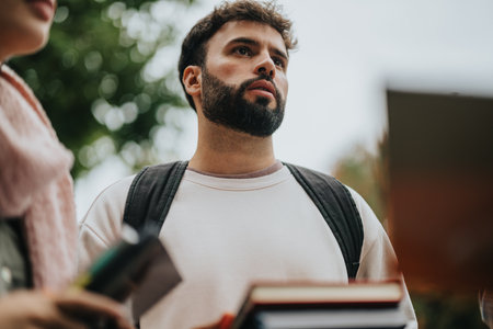 Young students actively discussing concepts outdoors with books in handの写真素材