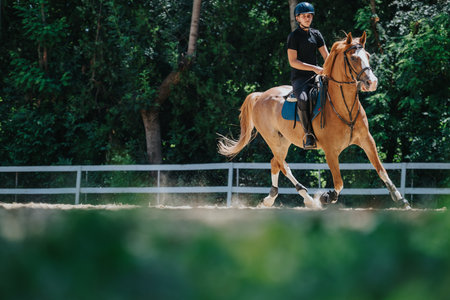 Young rider enjoying a horseback ride in an outdoor arena on a sunny dayの写真素材
