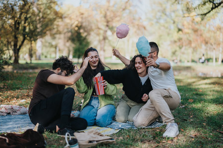 Friends enjoying a picnic in the park with cotton candy