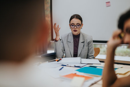 Young professional woman leading a business meeting discussion