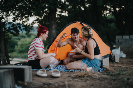 Friends enjoying a picnic and barbeque in nature while camping in an orange tentの写真素材