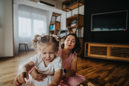 Mother playing with her little daughter in a cozy living room