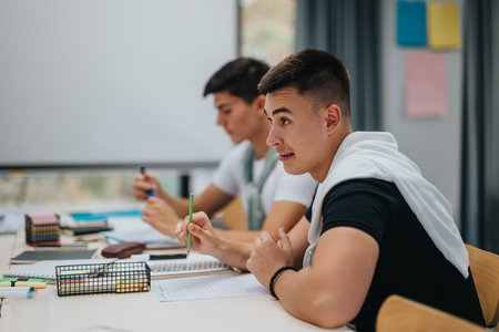 Students in classroom focused on studies and taking notesの写真素材
