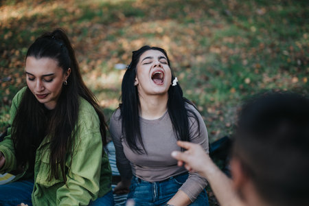 Young friends enjoying a cheerful picnic in a park