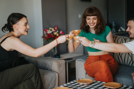 Friends celebrating together with a cheerful toast indoors