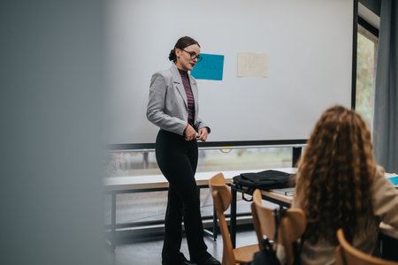 Confident teacher leading a classroom science lesson discussionの写真素材