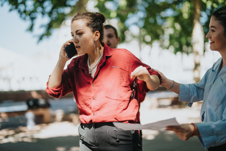 Businesswoman on phone discussing project outdoors with colleague
