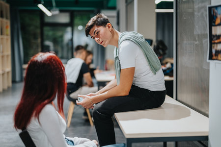 Students engaging in conversation in a modern classroom settingの写真素材