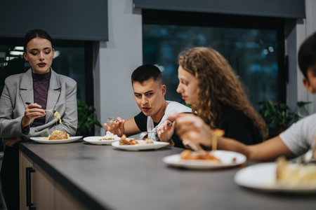 Students attending a casual school event, engaging in a friendly group meal at the cafeteria. The...