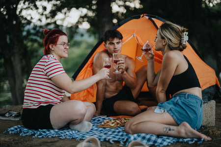Friends enjoying a summer picnic with wine near an orange tent in natureの写真素材