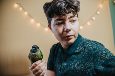Young girl holding a colorful parrot inside a cozy roomの写真素材