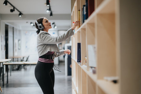 Woman wearing headphones selecting a book in a modern libraryの写真素材