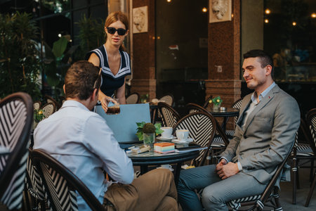 Business meeting at outdoor cafe with relaxed professionals enjoying coffee and conversationの写真素材
