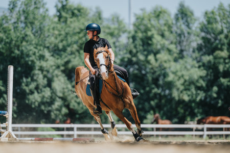 Young male equestrian riding a horse during training outdoors on a sunny dayの写真素材
