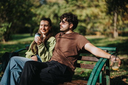 A cheerful couple sits on a park bench, savoring iced drinks and each others company on a sunny day.の写真素材