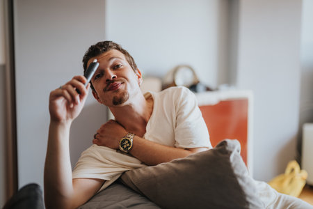 Man relaxing at home enjoying leisurely free time on couchの写真素材