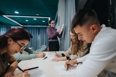 Group of diverse students collaborating in a modern classroom settingの写真素材