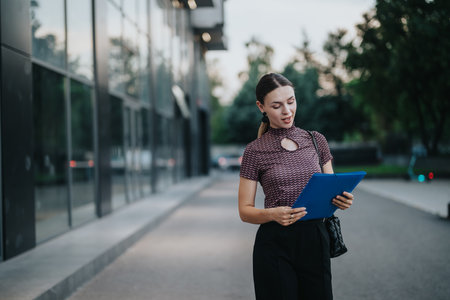 Businesswoman reading documents while walking in urban city settingの写真素材